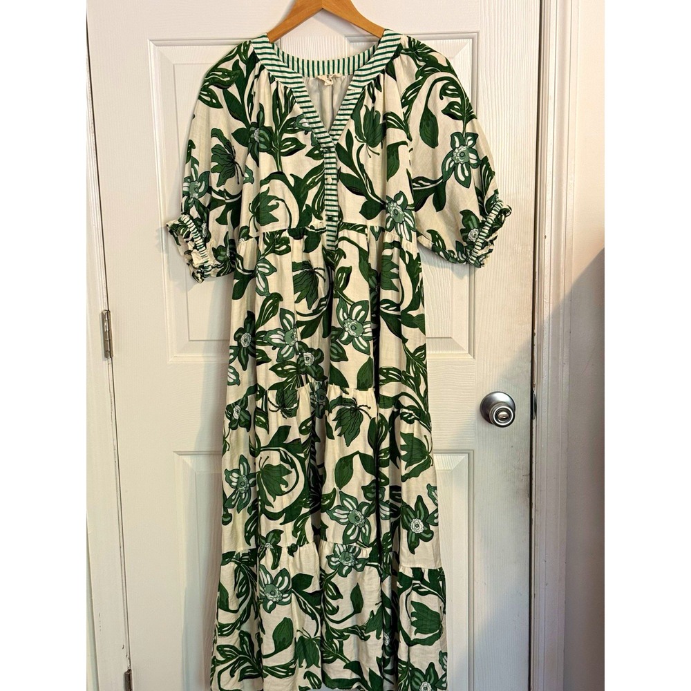Umgee Green White Boho Cottage Floral Maxi Dress S pockets church modest